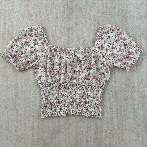 Rabbit Rose Boho Summer Floral Sheer Smocked Blouse Crop Top L